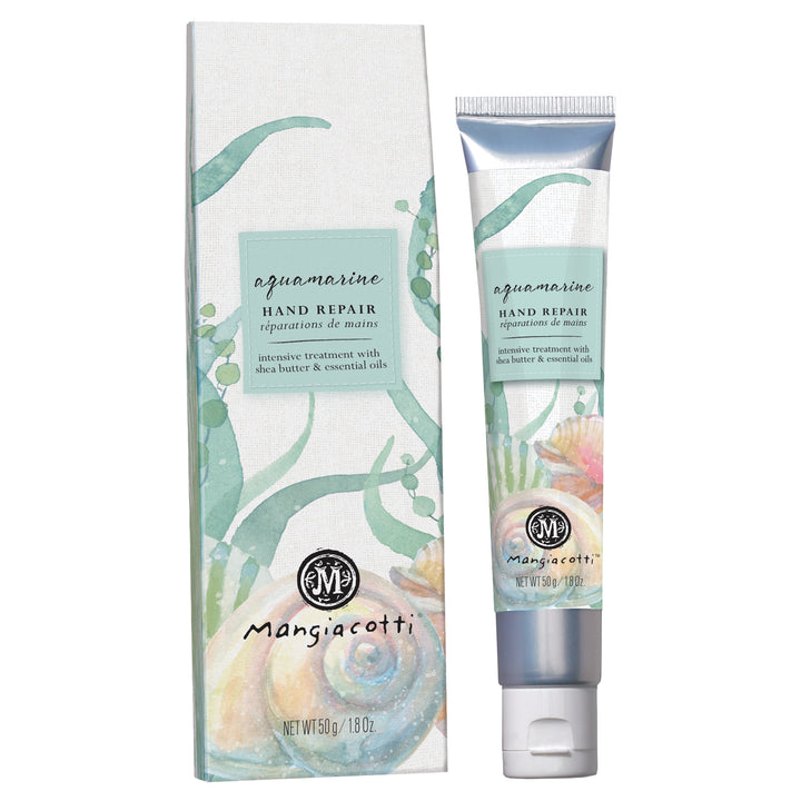 Mangiacotti hand repair cream tube and packaging on a white background. Available at Be Charmed