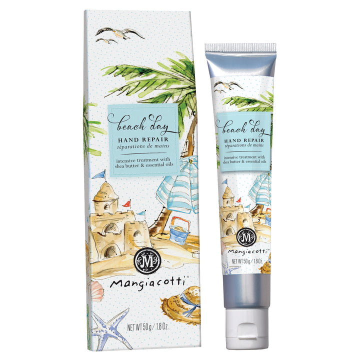 Mangiacattà 'Beach Day' hand repair cream packaging with sandcastle design on a white background. Available at Be Charmed