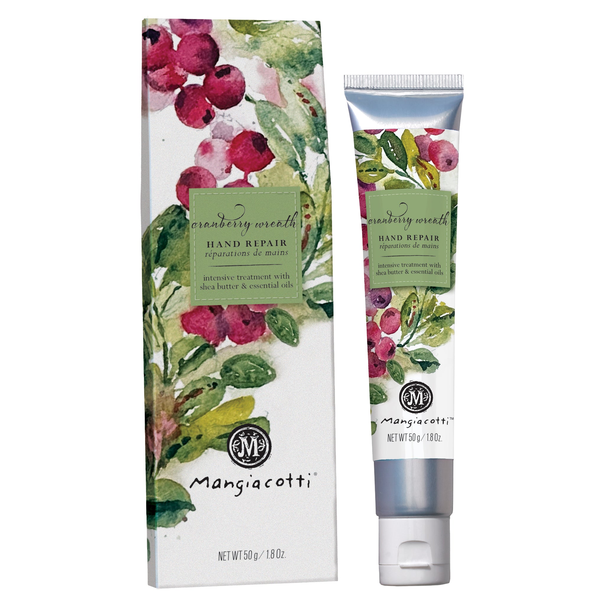 Mangiacotti cranberry wreath hand repair cream and packaging on a white background. Available at Be Charmed. 