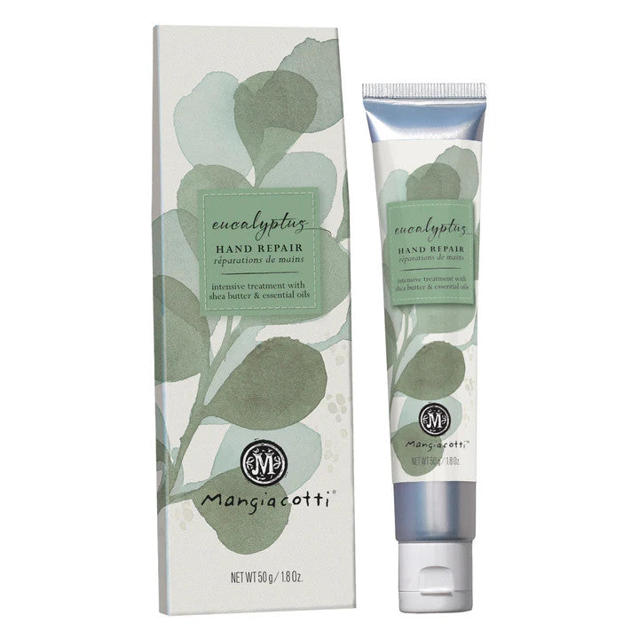 Mangiacotti eucalyptus hand repair cream and packaging on a white background. Available at Be Charmed