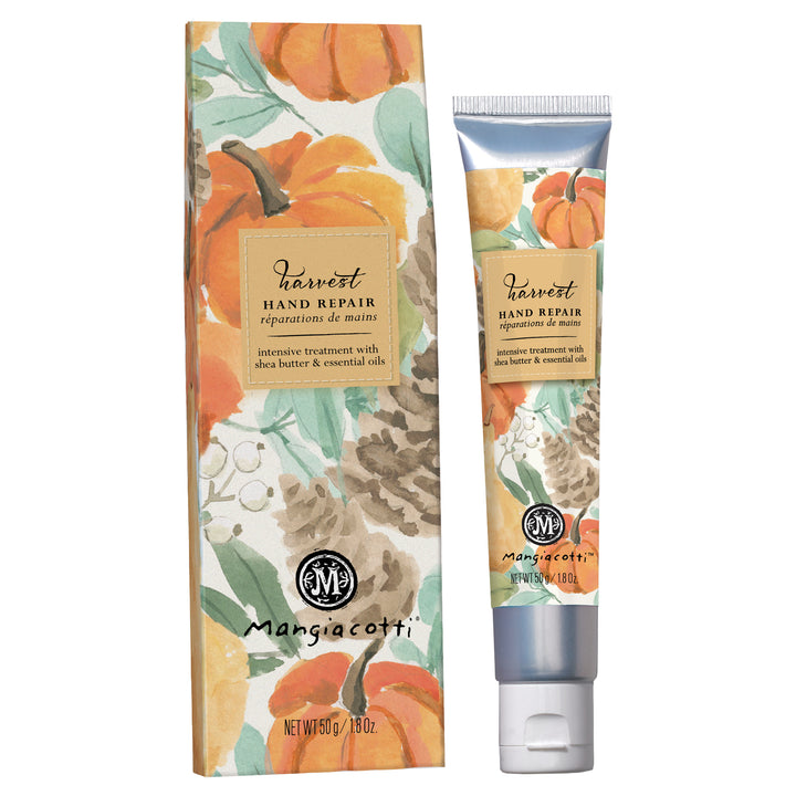Mangiacotti Harvest Hand Repair cream with packaging featuring pumpkins and leaves on a white background. Available at Be Charmed
