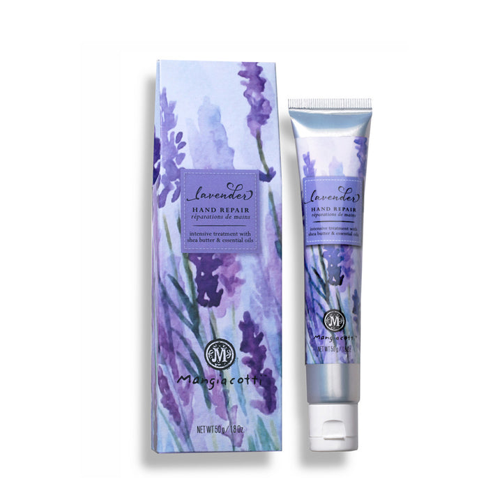 Lavender hand repair cream with packaging on a white background. Available at Be Charmed
