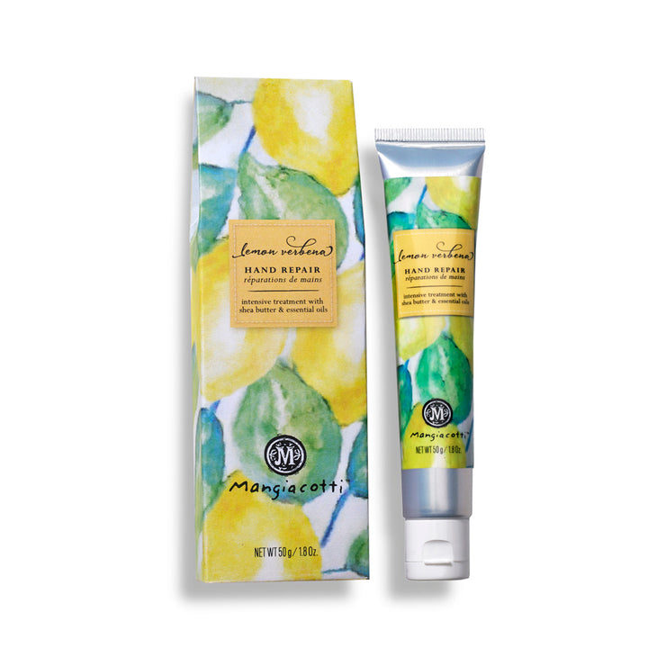 Mangiacotti Lemon Verbena hand repair product with packaging on a white background. Available at Be Charmed