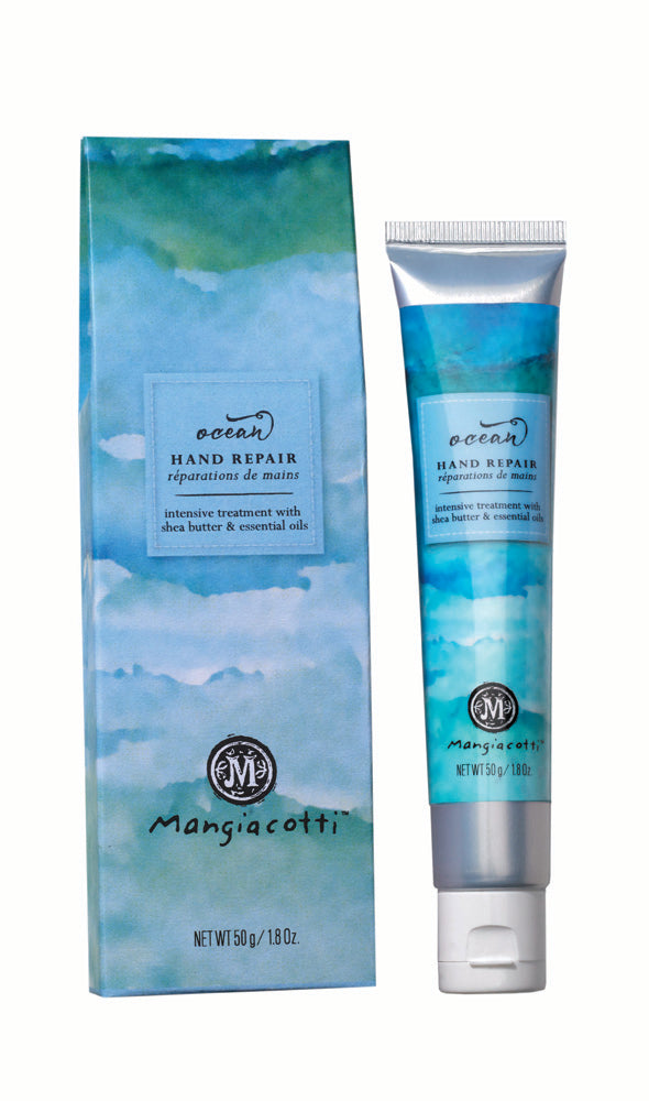 Mangiacotti ocean hand repair cream and packaging on a white background. Available at Be Charmed