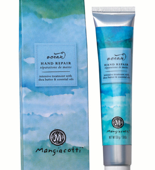 Mangiacotti ocean hand repair cream and packaging on a white background. Available at Be Charmed