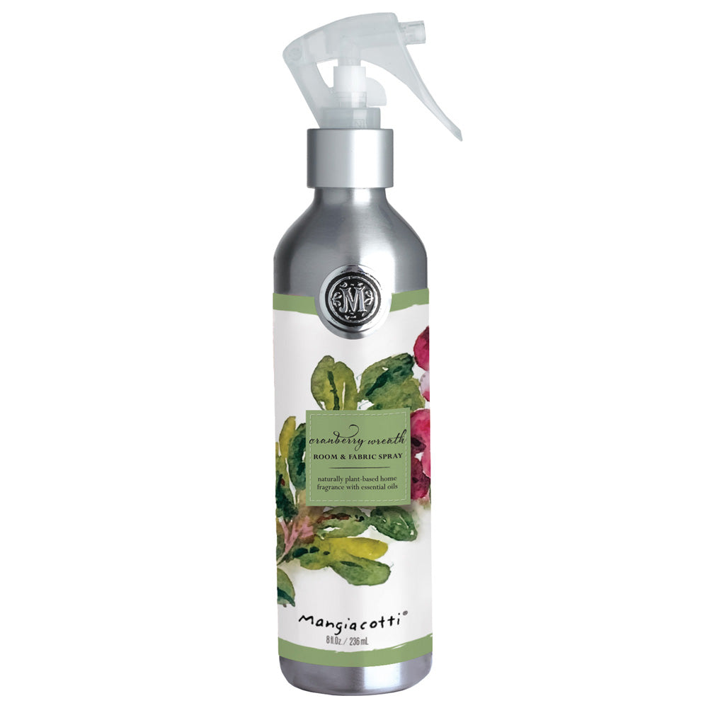 Mangiacotti Cranberry Wreath room and fabric spray bottle on a white background. Available at Be Charmed. 