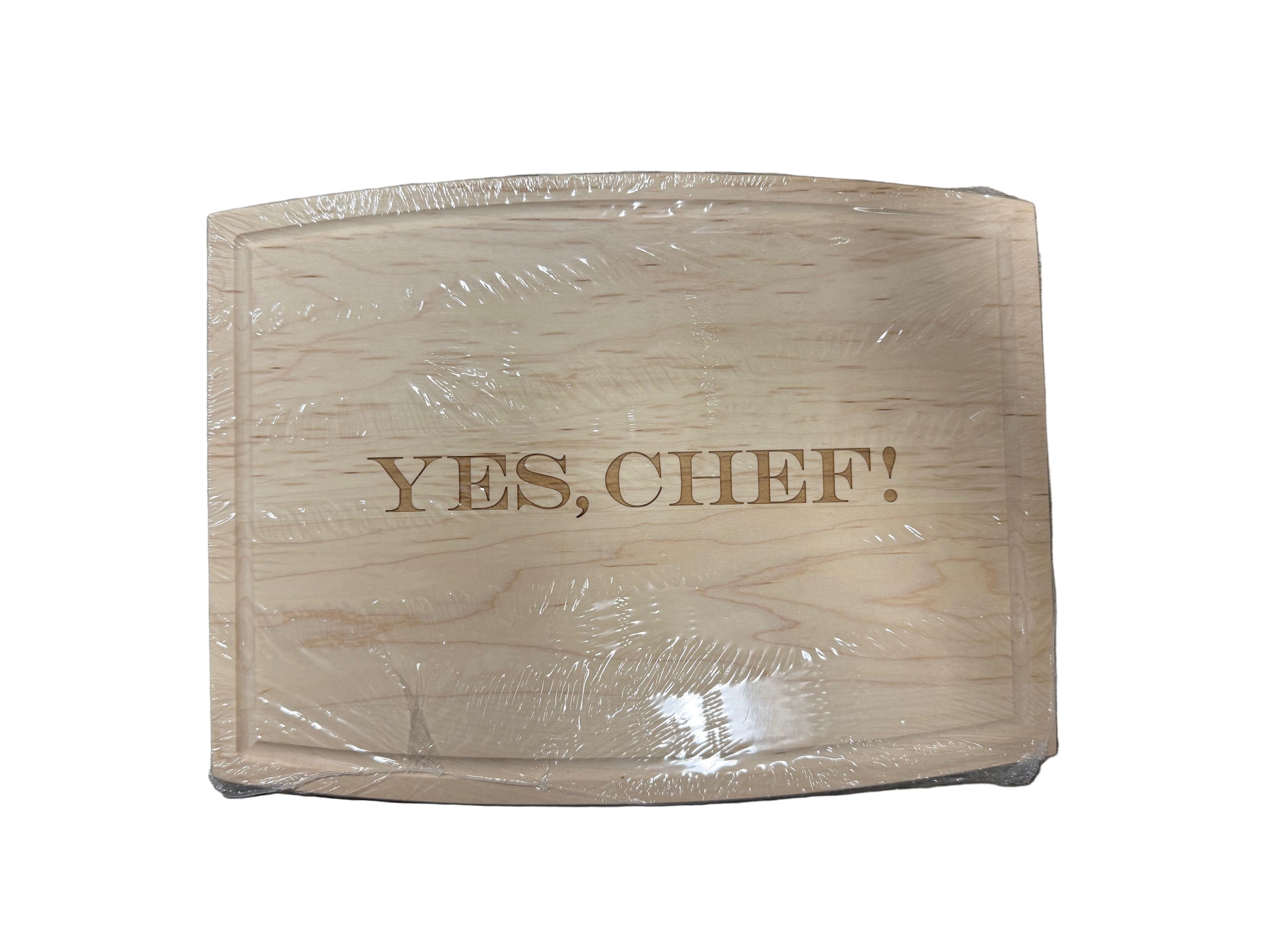 Maple Leaf 12x9 arched maple rectangle board engraved with “Yes Chef!” available at Be Charmed.