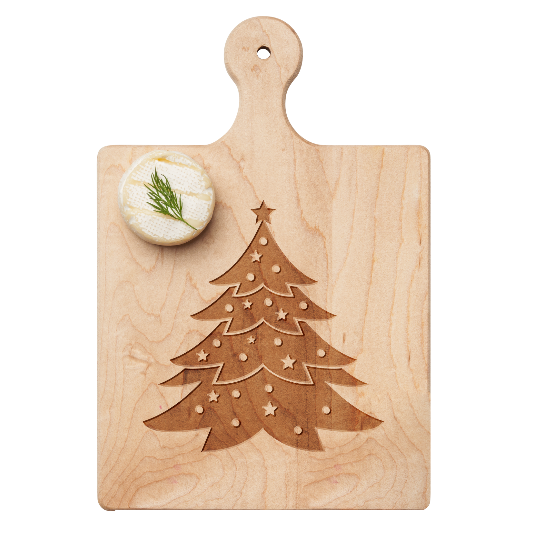 9x6 artisan maple paddle board with Christmas tree engraving and spreader – Available at Be Charmed
