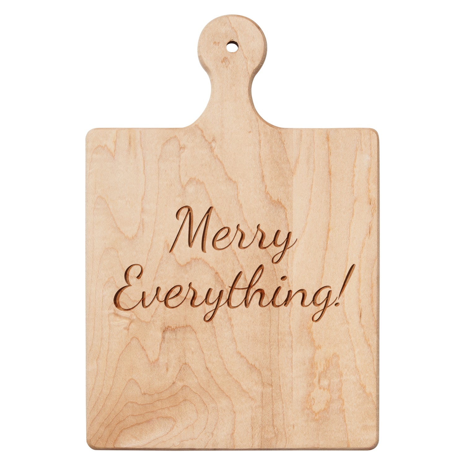 Wooden cutting board with 'Merry Everything!' engraving on a white background. Available at Be Charmed. 