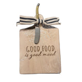 Maple Leaf 9x6 maple artisan board with spreader knife engraved with “Good Food Is Good Mood,” available at Be Charmed.
