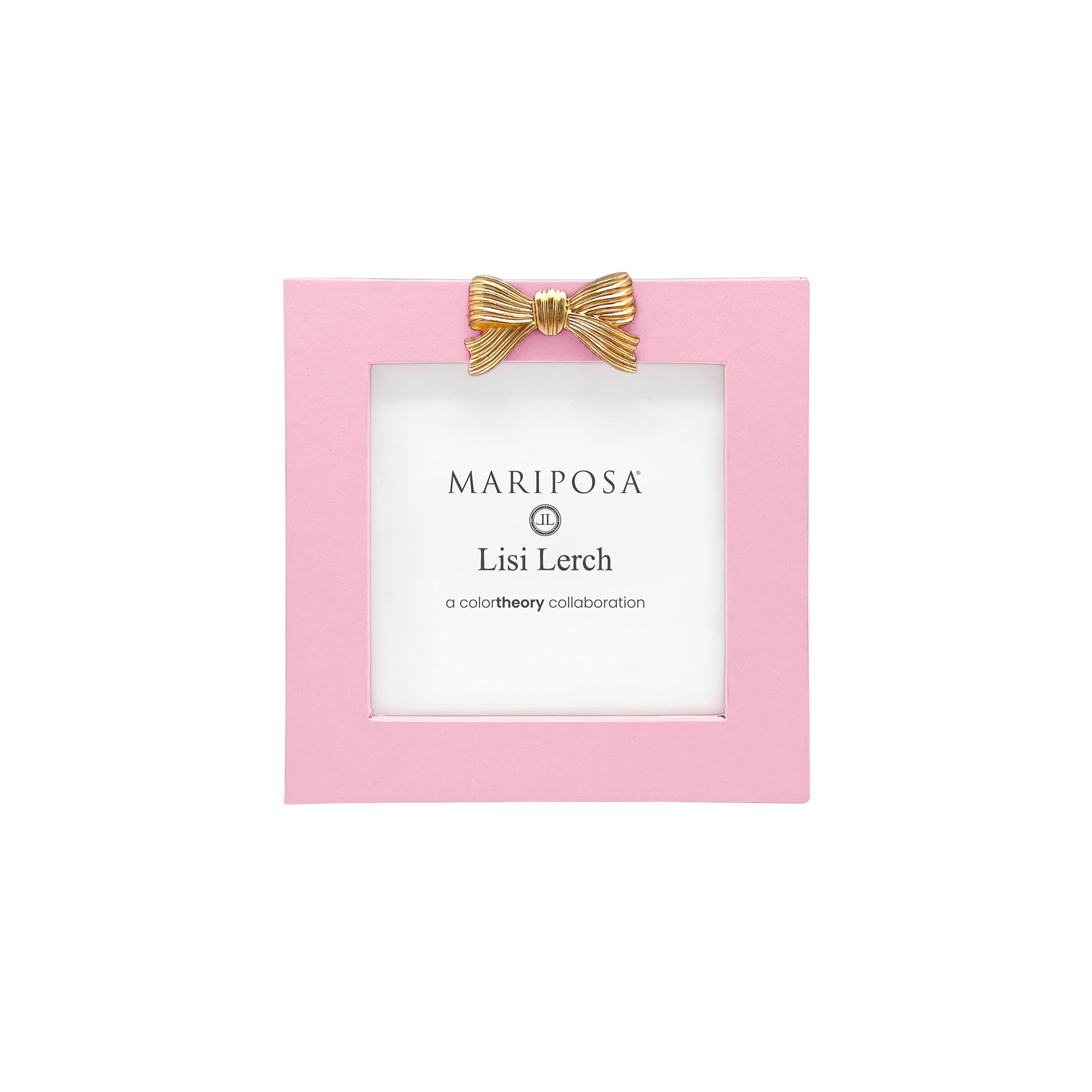 Pink photo frame with gold bow and 'Mariposa' branding on a white background. Available at Be Charmed. 
