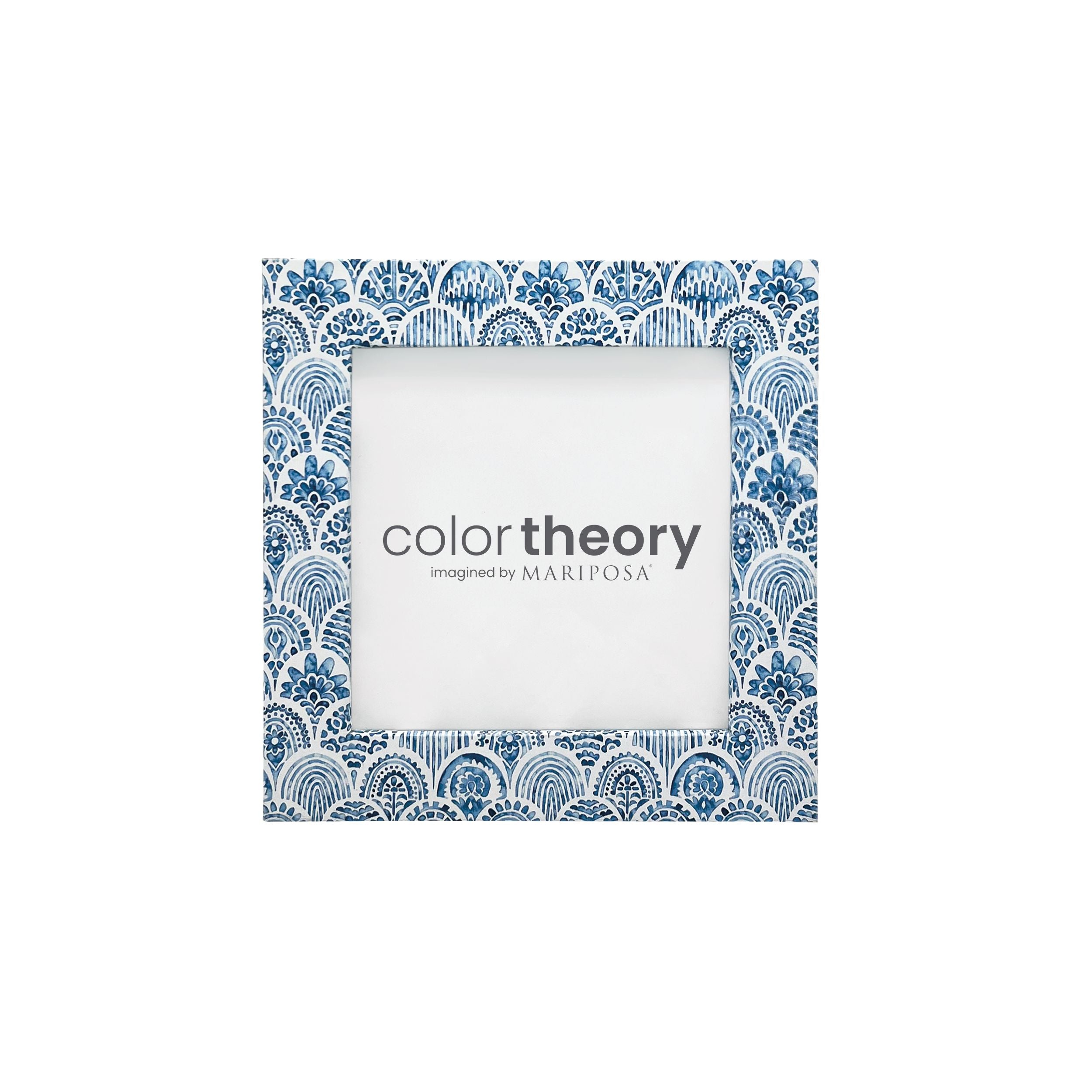 Decorative photo frame with blue and white pattern on a white background, featuring 'color theory' by Mariposa. Available at Be Charmed. 