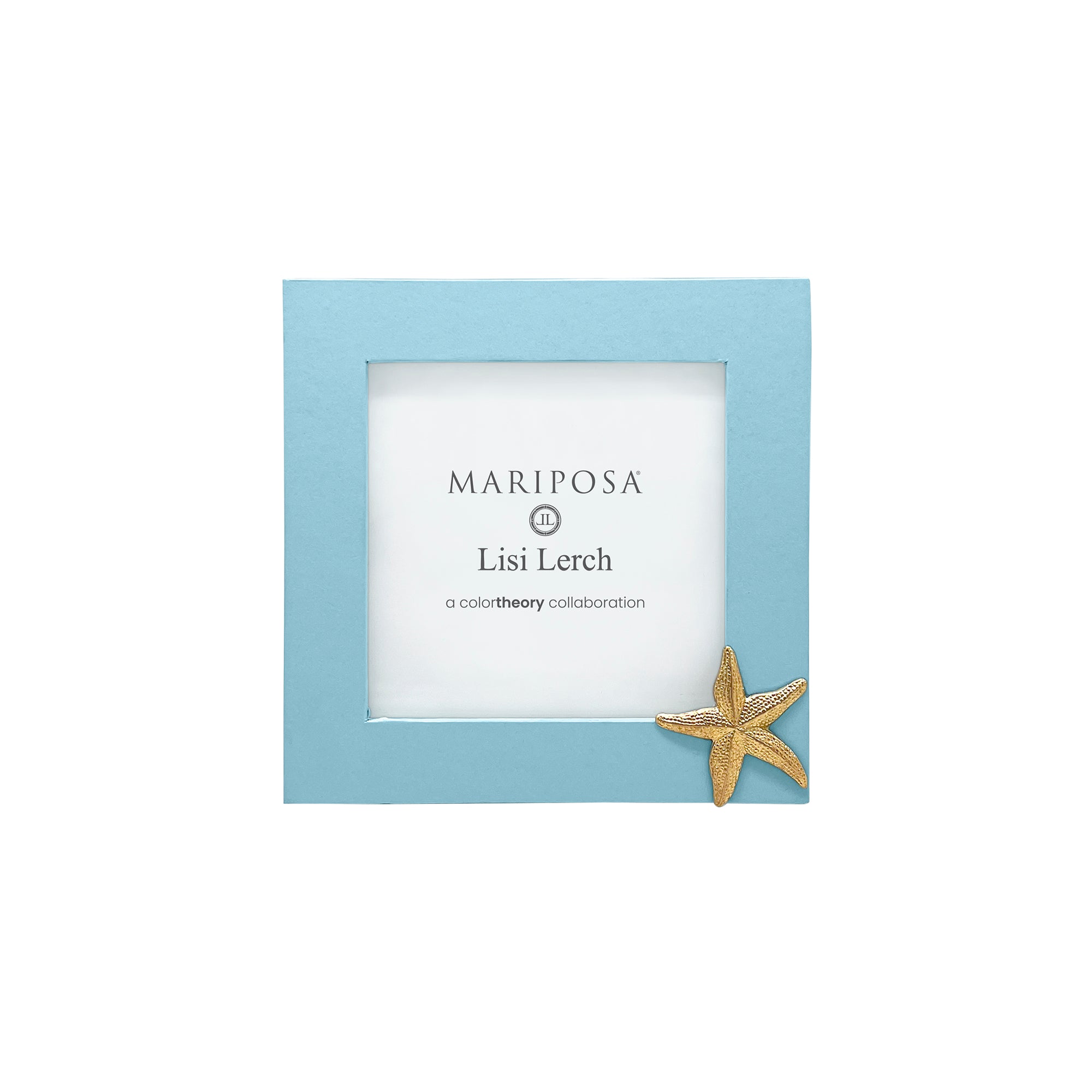 Mariposa light blue picture frame with a gold starfish on a white background. Available at Be Charmed. 