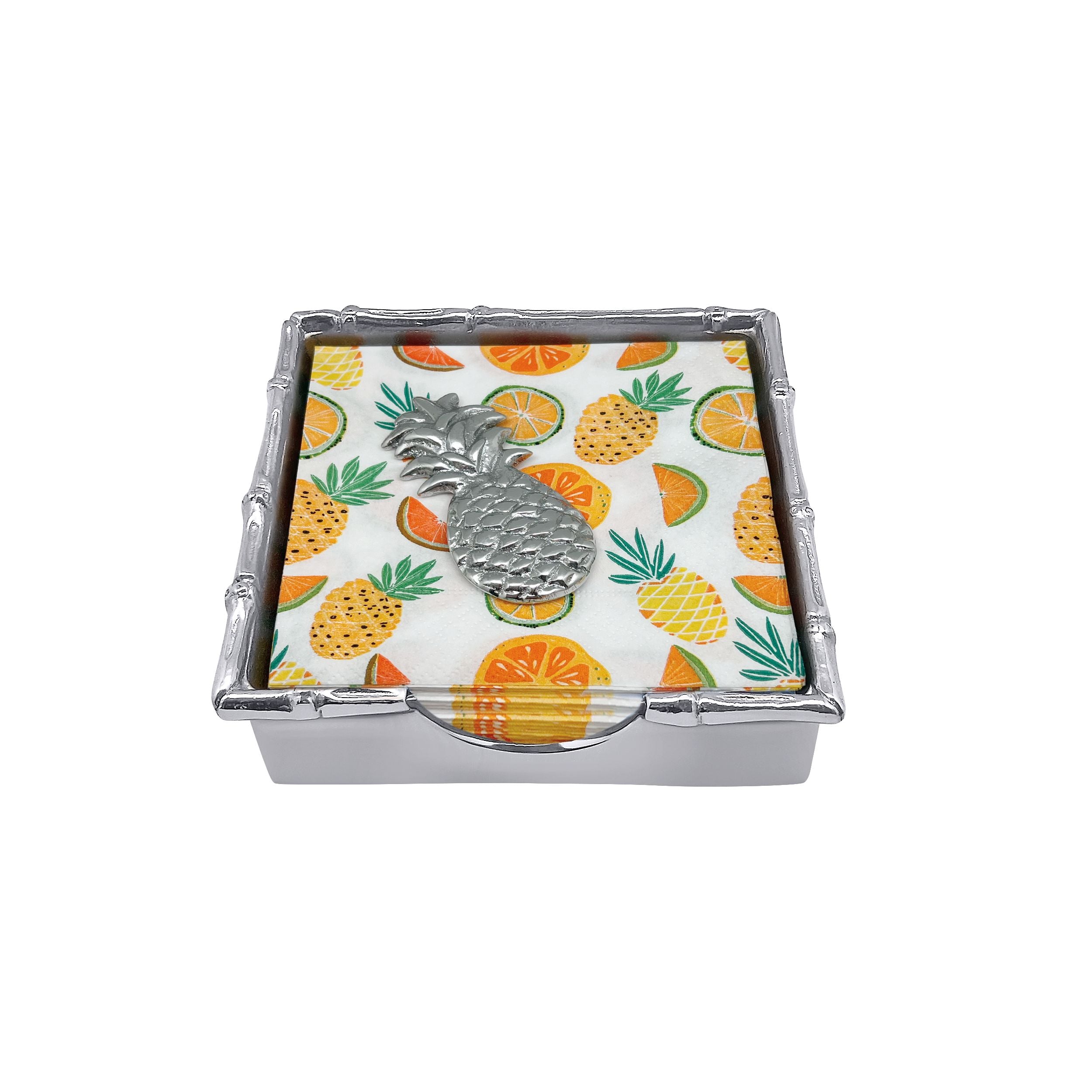Decorative napkin box with pineapple design on a white background. Available at Be Charmed