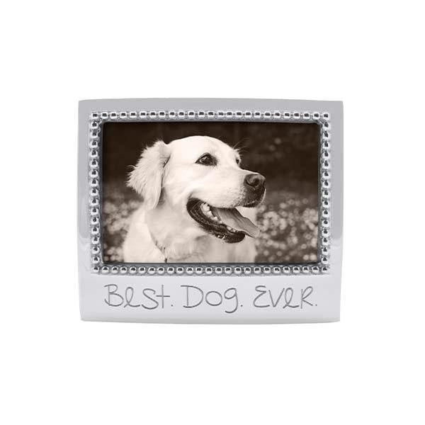 Mariposa Beaded 4x6 Frame “Best Dog Ever” — handcrafted recycled-aluminum photo frame with signature beaded edge and engraved sentiment, perfect for displaying pet memories. Ideal for dog lovers. Available at Be Charmed.