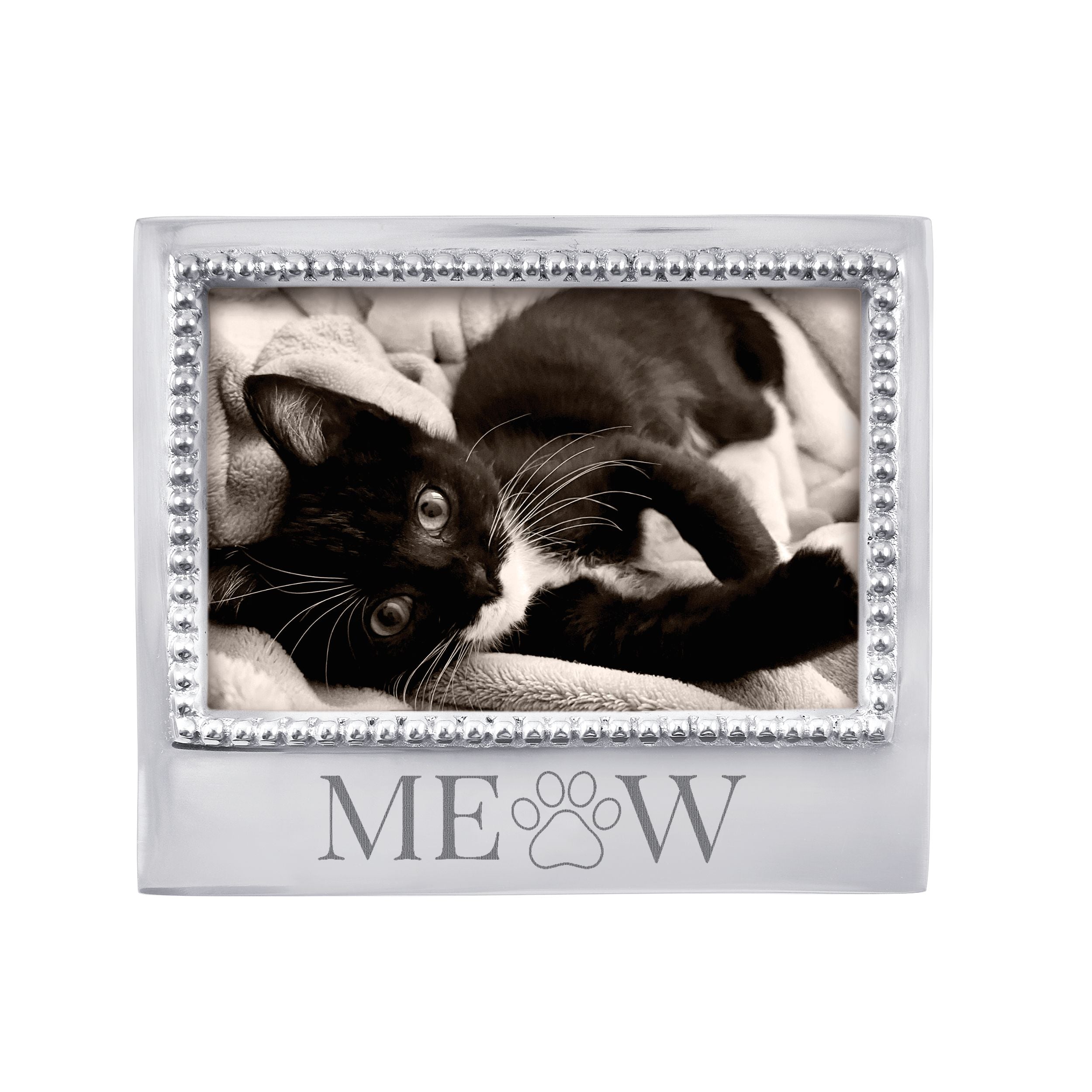 Decorative photo frame with a cat inside, featuring the word 'MEOW'. Available at Be Charmed