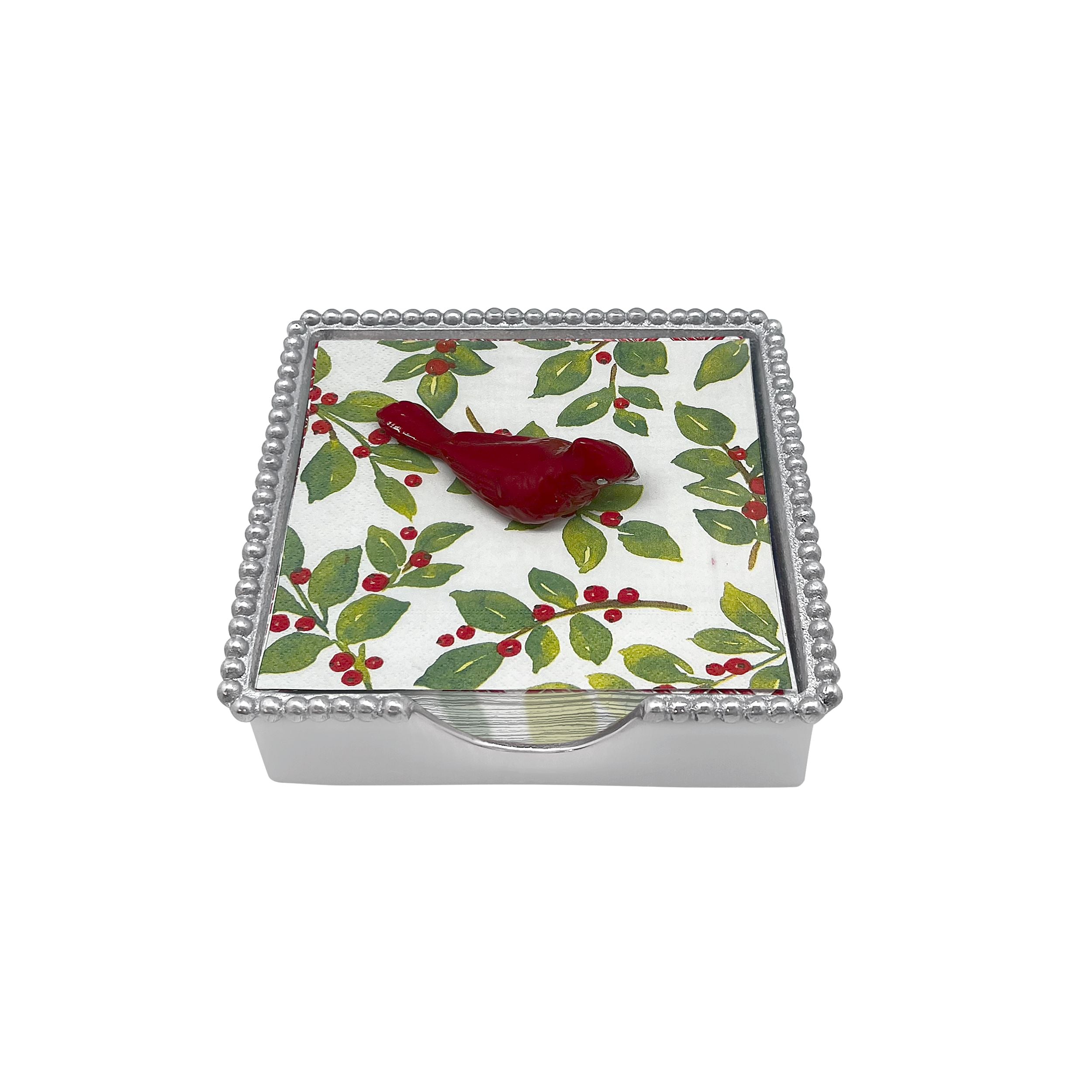 Mariposa Beaded Napkin Box Red Cardinal – holiday napkin holder with bird motif, perfect seasonal décor or gift. Available at Be Charmed