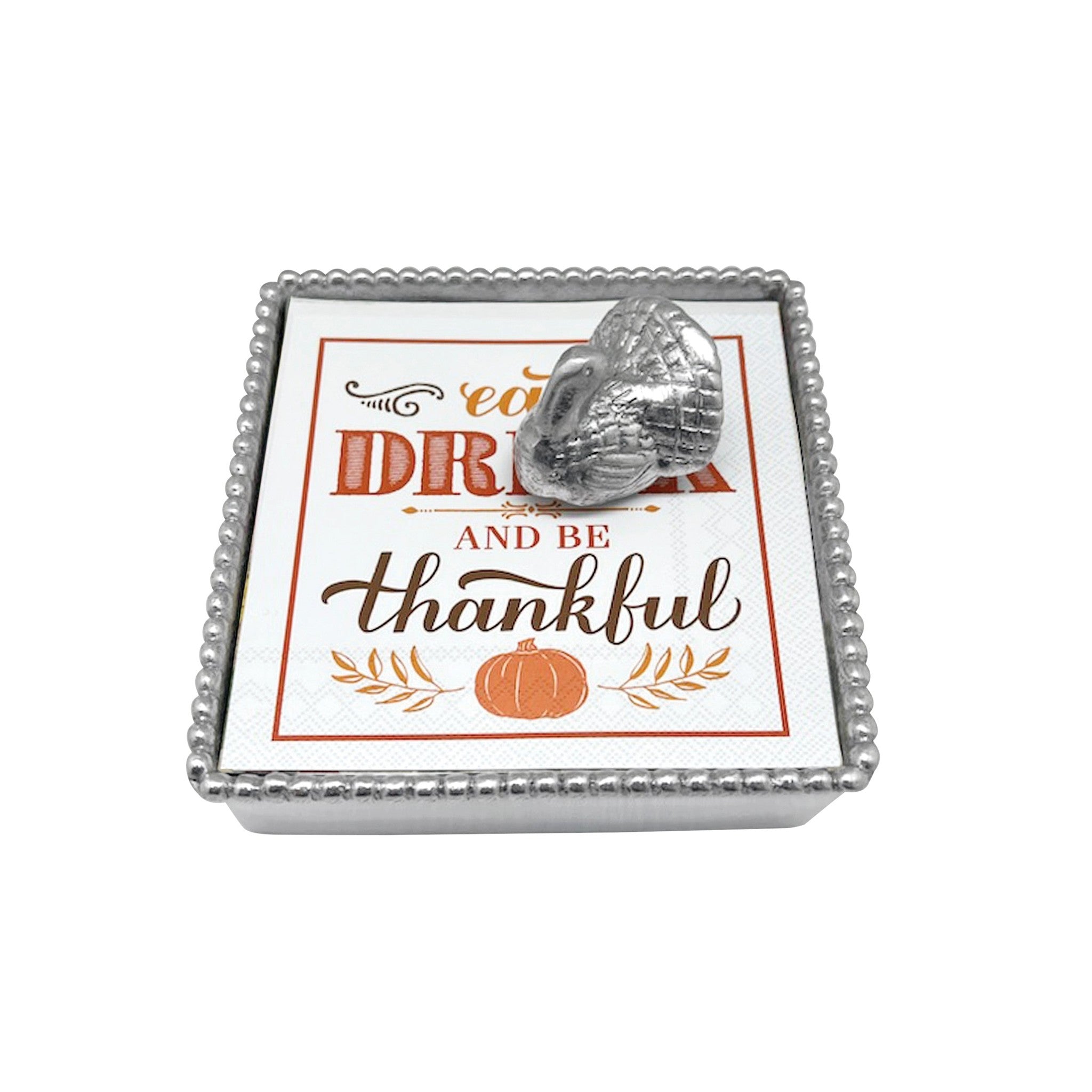 Mariposa Beaded Napkin Box with Turkey Weight—silver Thanksgiving napkin holder for festive table settings. Available at Be Charmed. Available at Be Charmed