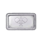 A rectangular, silver-colored aluminum tray with beaded edges and an engraved pickleball paddle design in the center. Available at Be Charmed