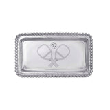 A rectangular, silver-colored aluminum tray with beaded edges and an engraved pickleball paddle design in the center. Available at Be Charmed