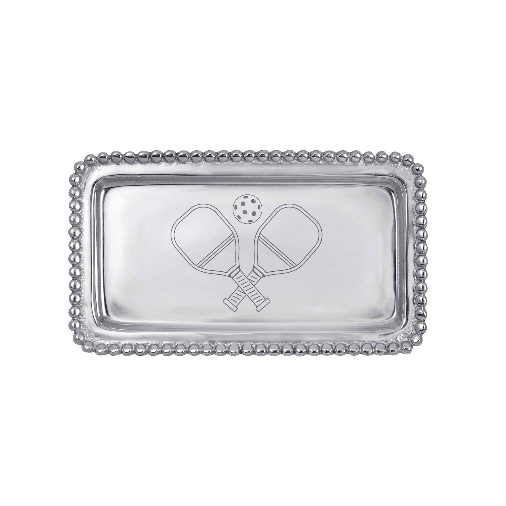 A rectangular, silver-colored aluminum tray with beaded edges and an engraved pickleball paddle design in the center. Available at Be Charmed