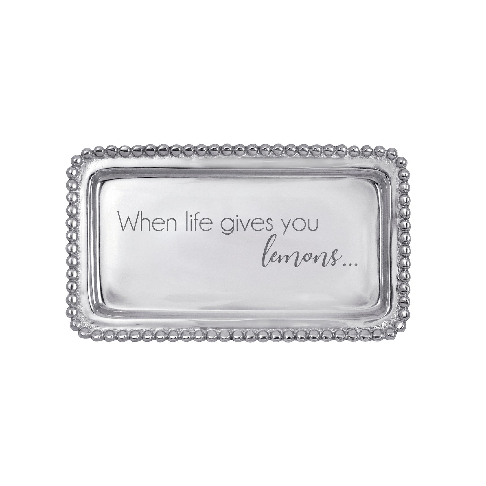 Mariposa Beaded Statement Tray with “When Life Gives You Lemons” engraved, handcrafted aluminum serving tray from Be Charmed.