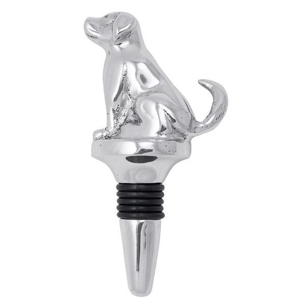 A silver-colored bottle stopper in the shape of a dog's head sitting atop a wine bottle. Available at Be Charmed