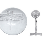 Silver dragonfly-themed dish and ladle on a white background. Available at Be Charmed