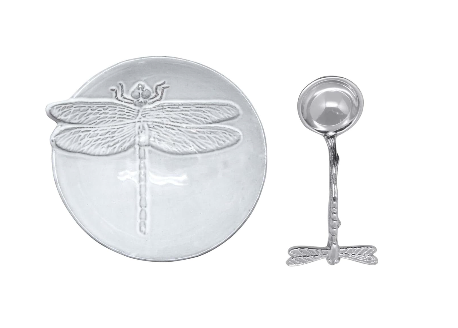 Silver dragonfly-themed dish and ladle on a white background. Available at Be Charmed