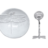 Silver dragonfly-themed dish and ladle on a white background. Available at Be Charmed