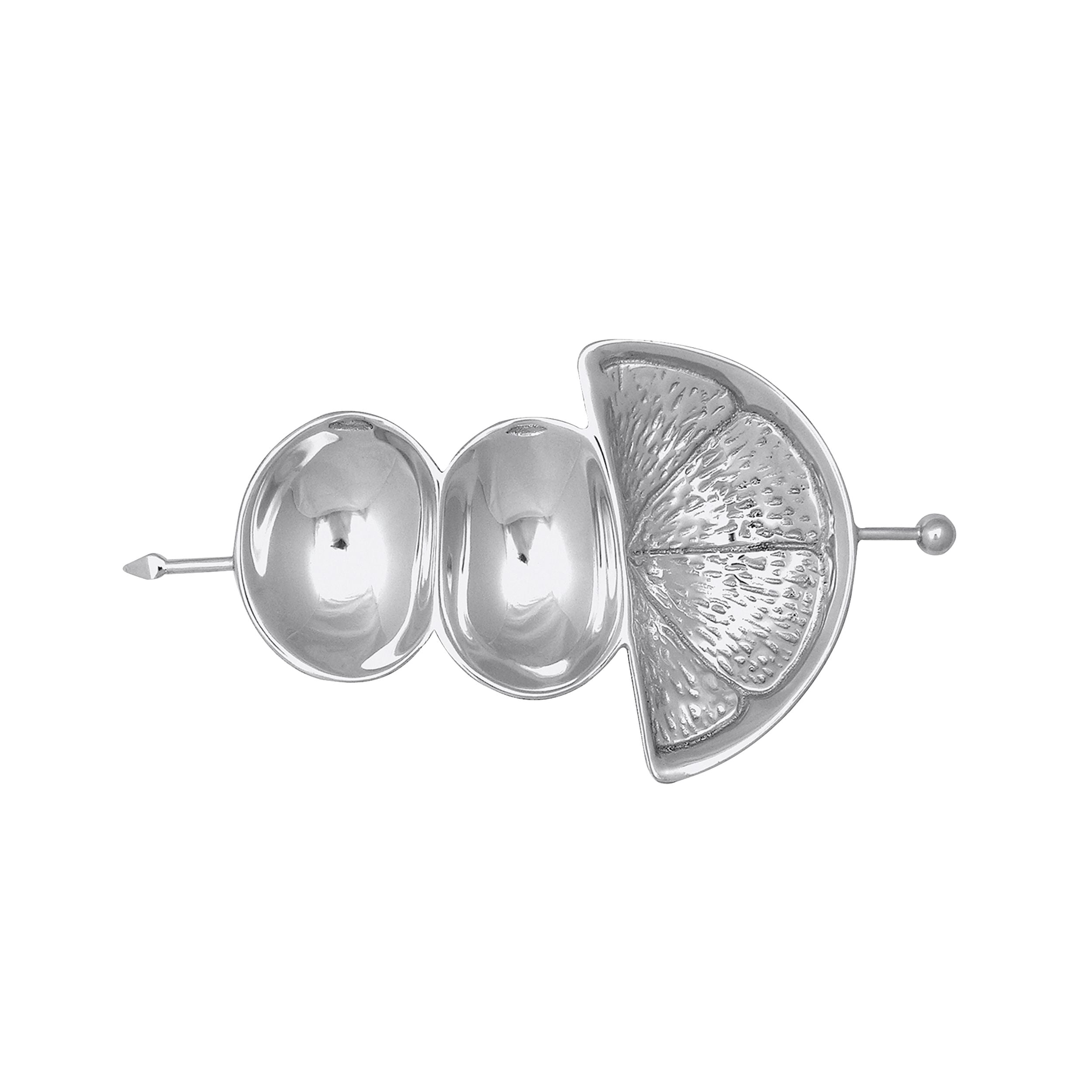 Silver garnish dish design on a white background. Available at Be Charmed