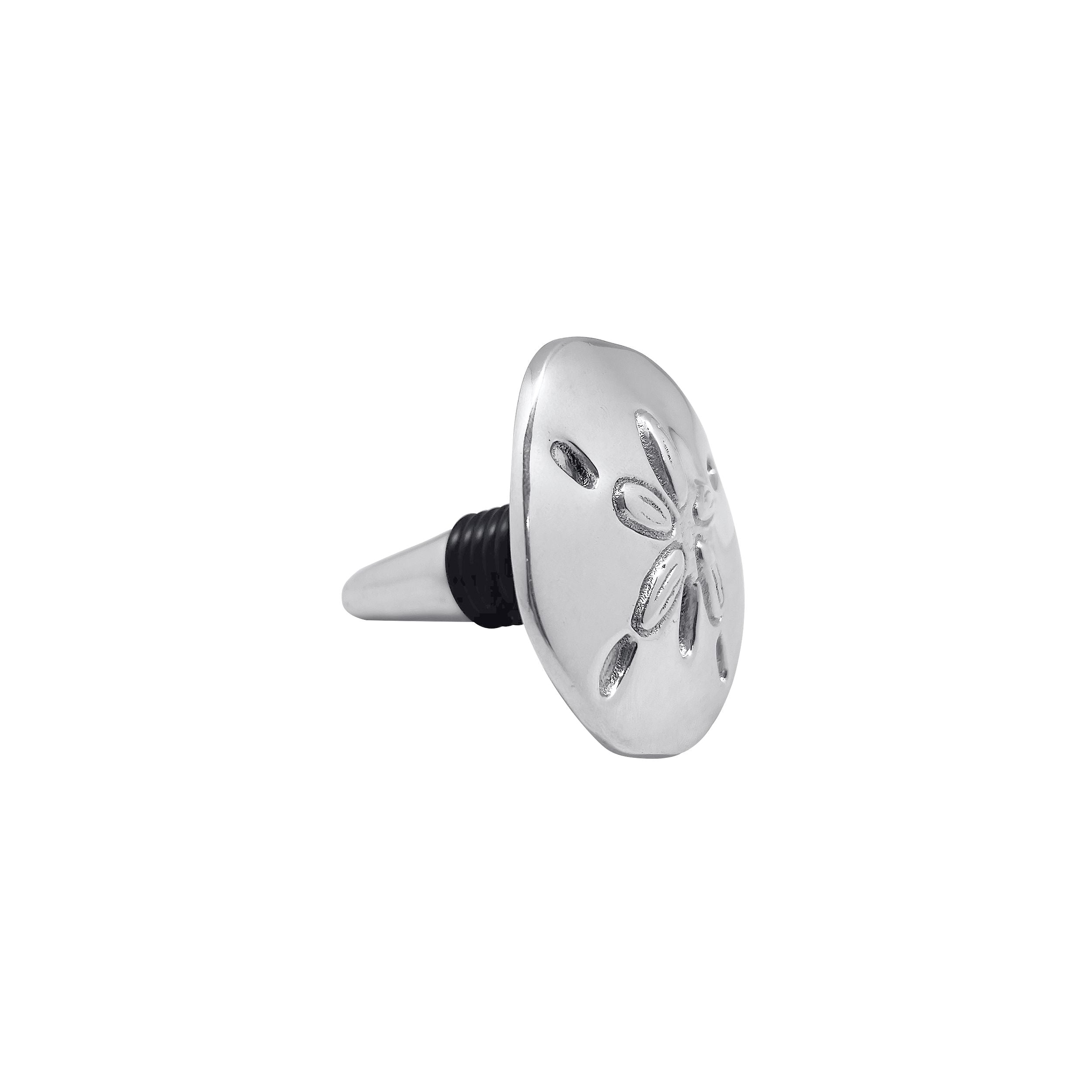 Decorative metal bottle stopper with sand dollar design on a white background. Available at Be Charmed