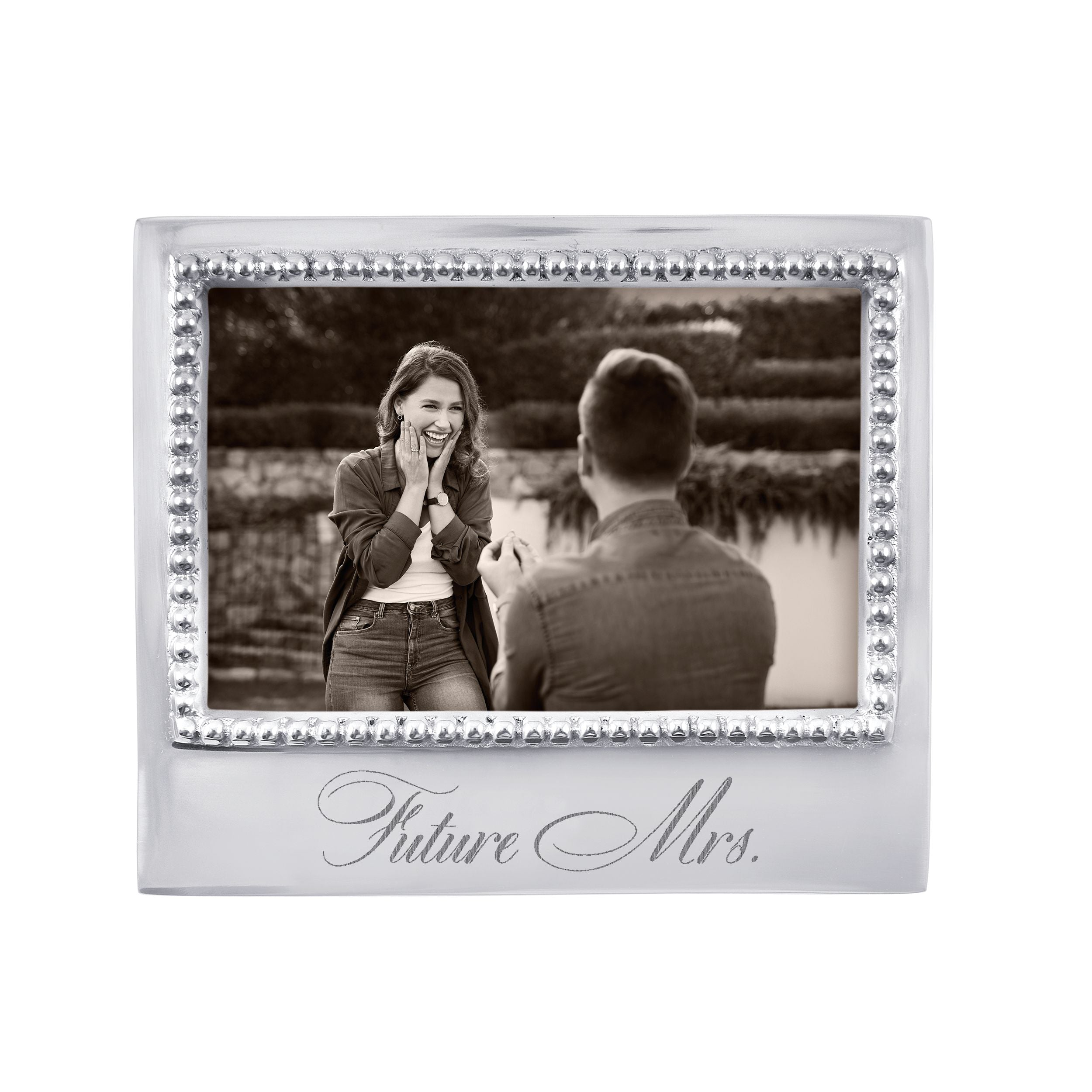 Mariposa Beaded 4x6 Frame engraved “Future Mrs.” handcrafted from recycled aluminum, perfect bridal gift available at Be Charmed.