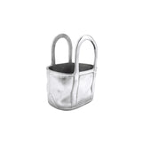 Silver metallic handbag with black interior on a white background. Available at Be Charmed