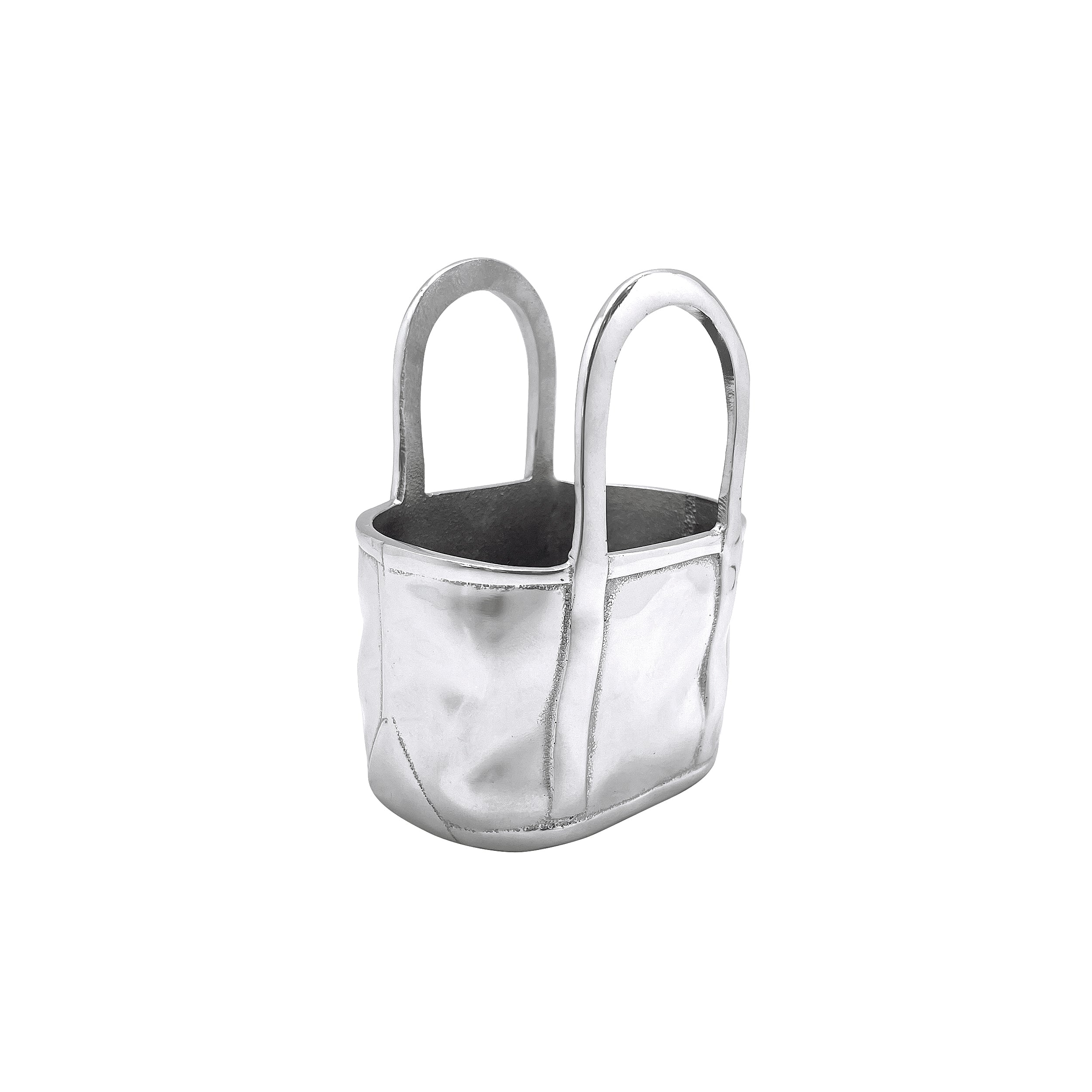 Silver metallic handbag with black interior on a white background. Available at Be Charmed