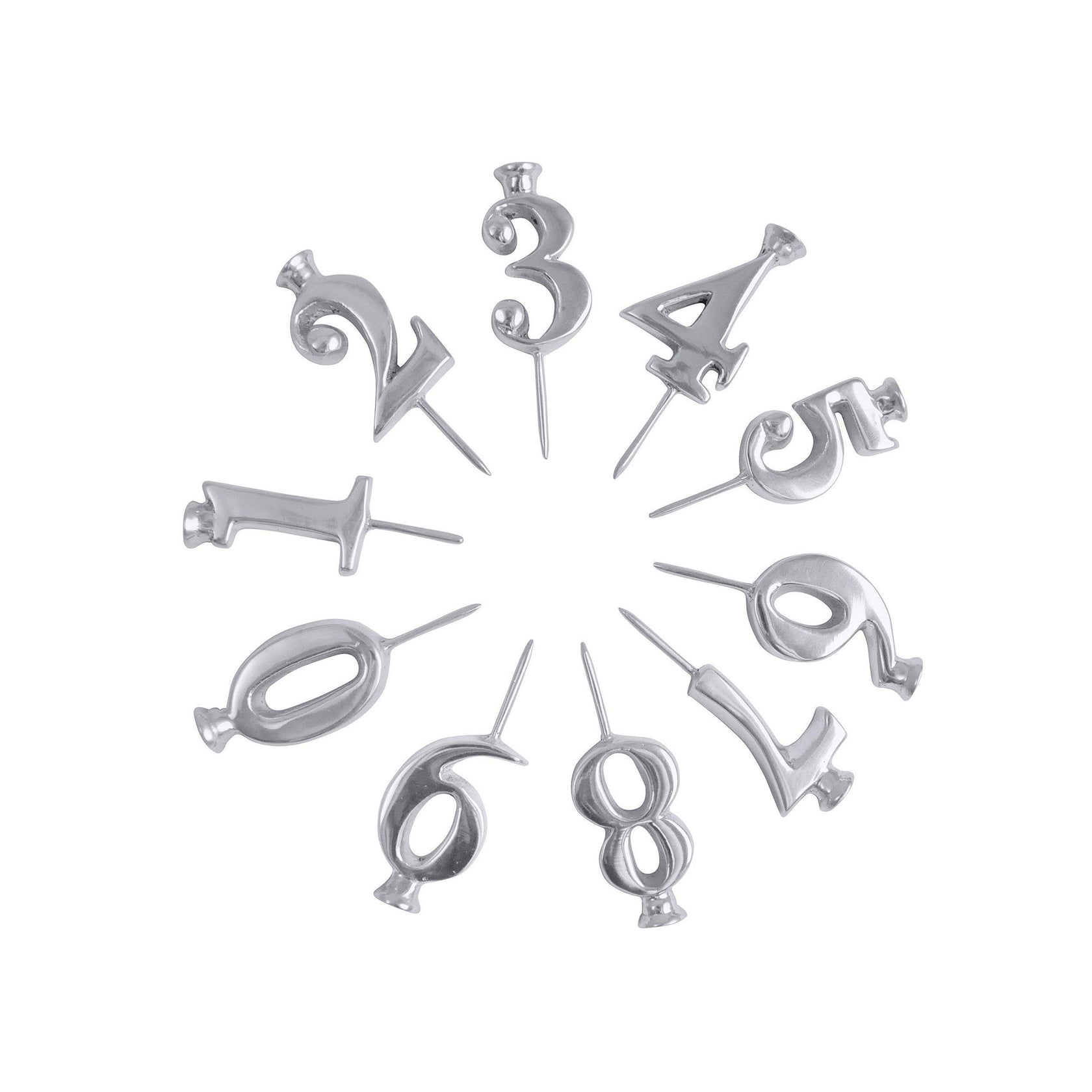 A set of 10 aluminum candle holders with numbers 1-10 printed on them, displayed in a circular pattern. Available at Be Charmed