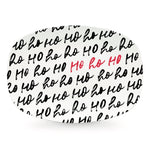 A round, white serving platter with 'ho ho ho' text in black and red. Available at Be Charmed