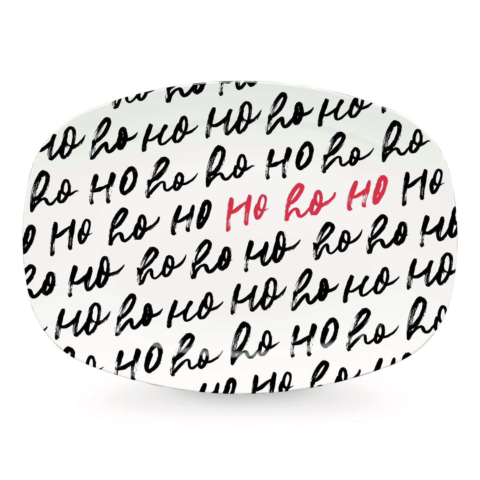 A round, white serving platter with 'ho ho ho' text in black and red. Available at Be Charmed