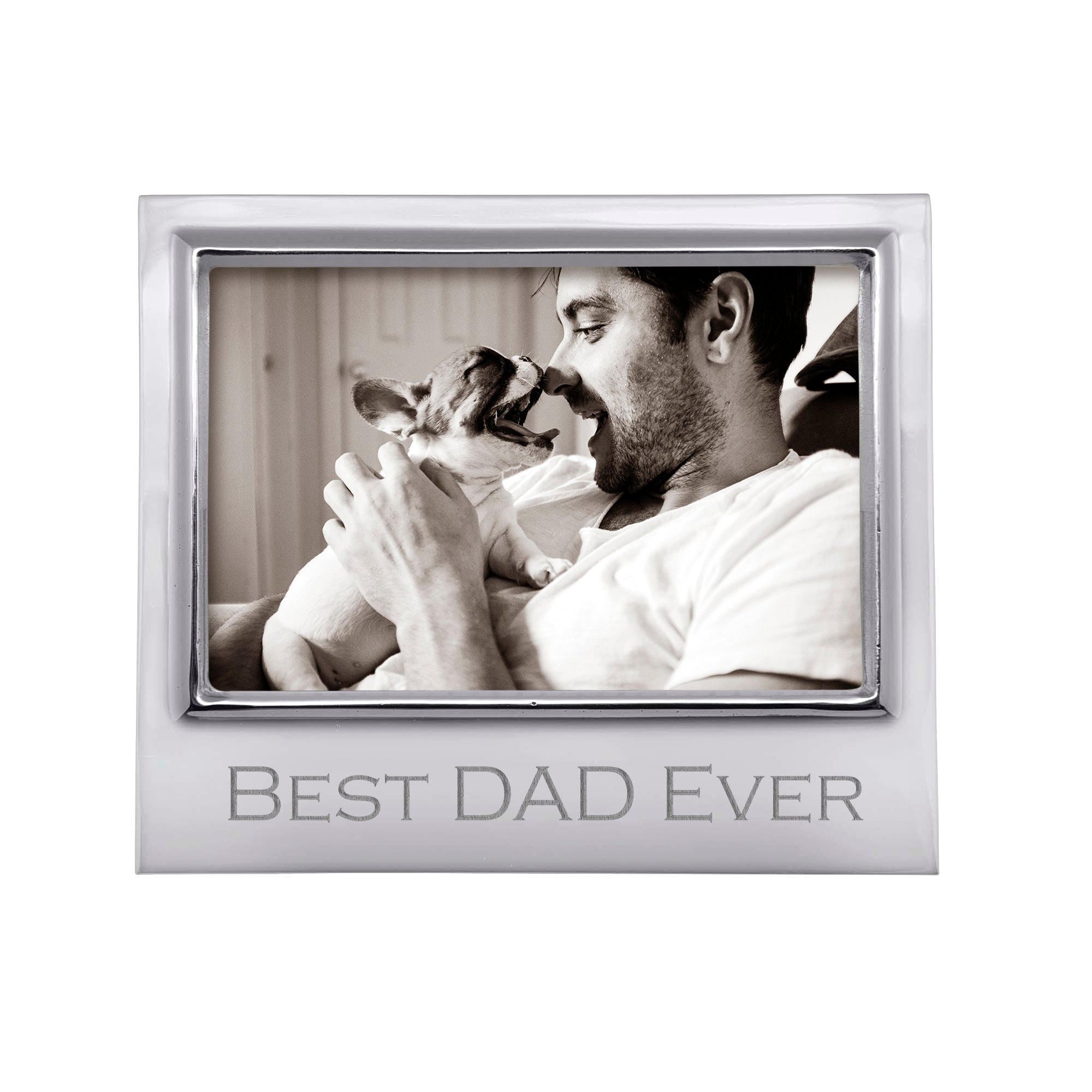 Silver picture frame with 'Best Dad Ever' text, containing a photo of a man holding a dog. Available at Be Charmed