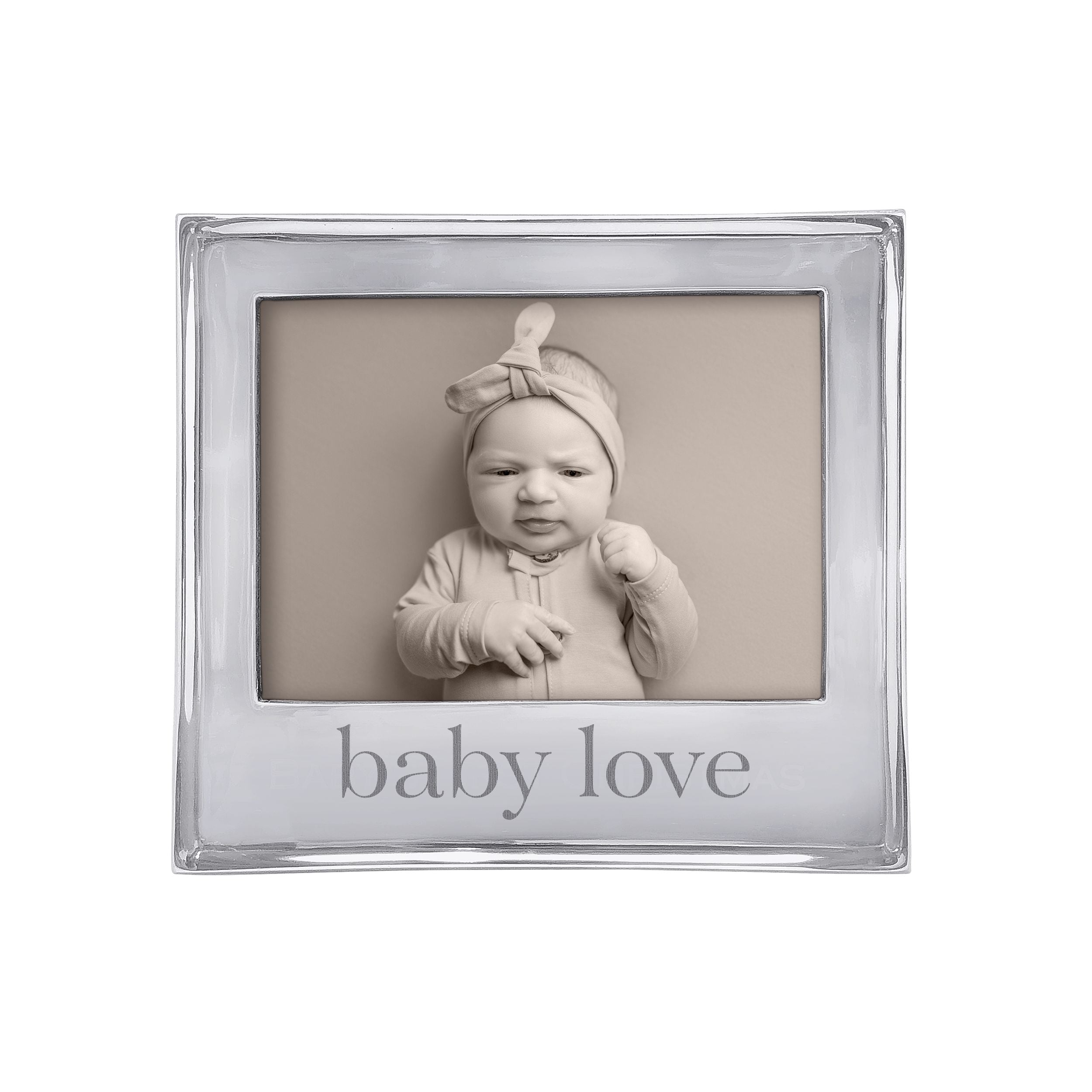 Silver photo frame with 'baby love' text containing a baby image on a white background. Available at Be Charmed