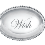 Silver oval tray with 'Wish' engraving on a white background. Available at Be Charmed