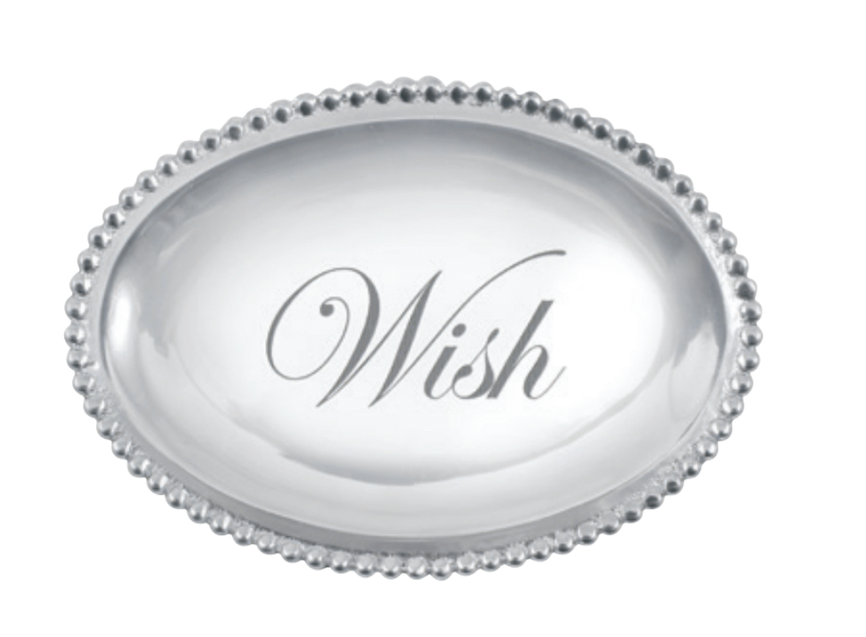Silver oval tray with 'Wish' engraving on a white background. Available at Be Charmed