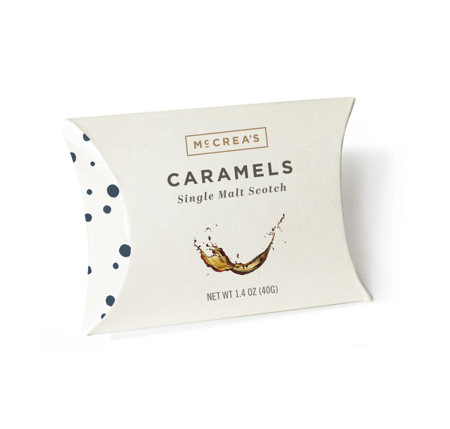 Individually wrapped caramels in a pillow box with 'McCrea's Candies Single Malt Scotch' branding and a net weight of 1.4 oz (397g). Available at Be Charmed