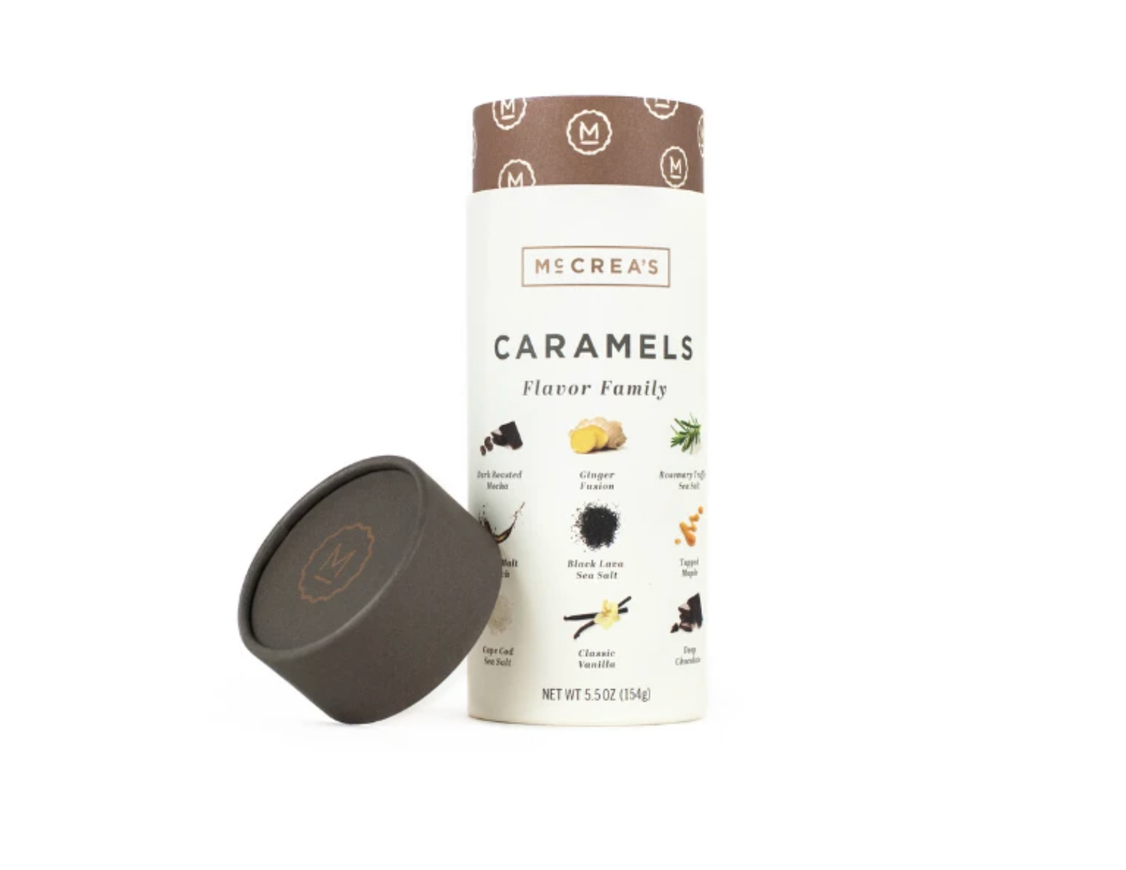A 5.5oz tube of McCrea's caramel candies with the label showing different flavors such as chocolate, vanilla, birthday cake, and pumpkin spice. Available at Be Charmed