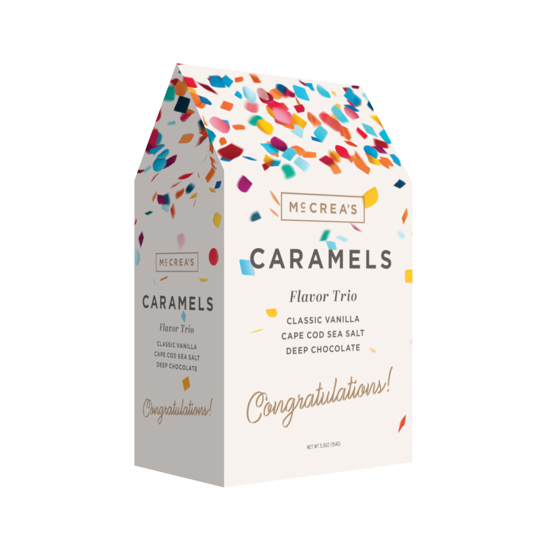 Mccrea's Caramels packaging with colorful confetti design on a white background. Available at Be Charmed