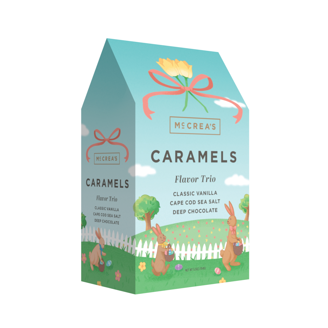 Mccrea's Caramels packaging with cartoon bunnies and a bow design on a white background. Available at Be Charmed