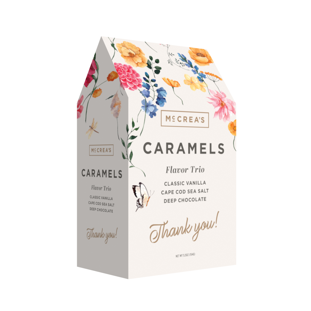 Mccrea's Caramels packaging with floral design on a white background. Available at Be Charmed