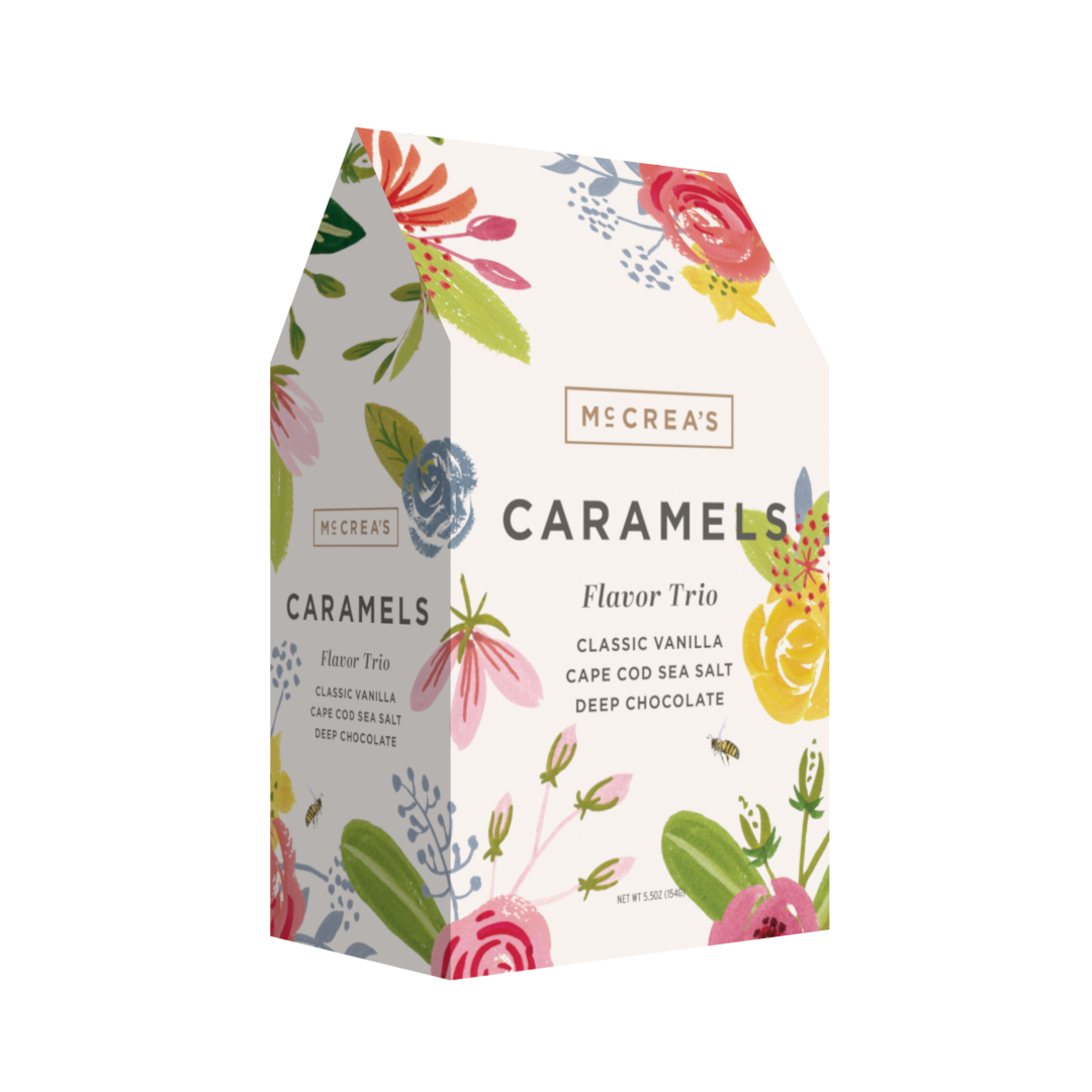 Mccrea's Caramels packaging with floral design on a white background. Available at Be Charmed