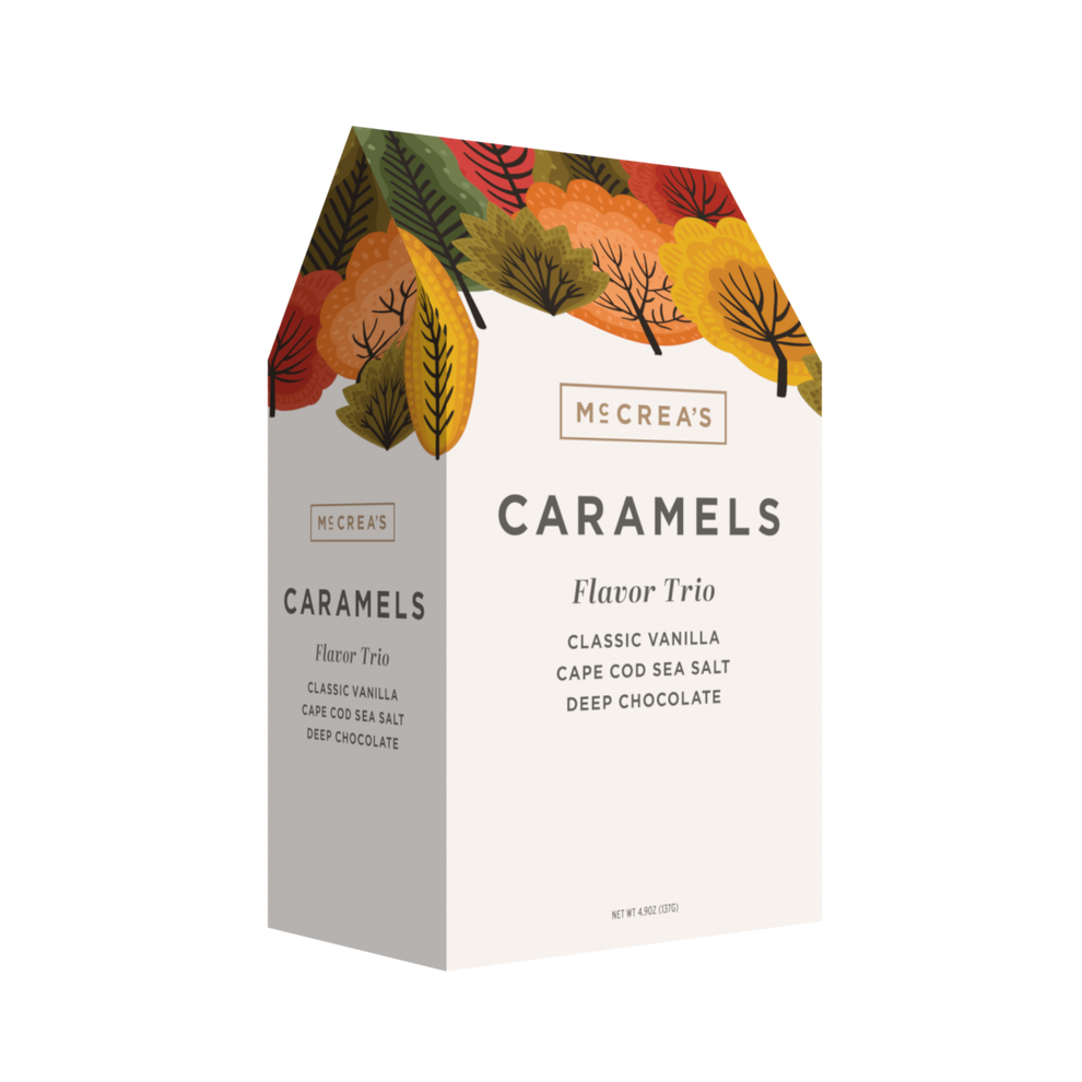 McCrea’s Candies Gable Box Autumnal Flavor Trio. Gourmet caramel gift box inspired by warm fall flavors. Available at Be Charmed.