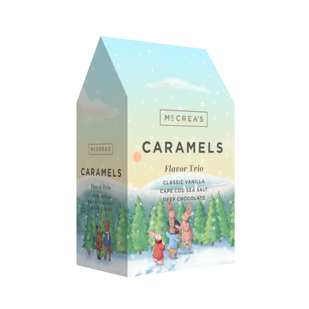 McCrea’s Candies Gable Box Holiday Flavor Trio. Gourmet caramel gift box with festive seasonal flavors. Available at Be Charmed.